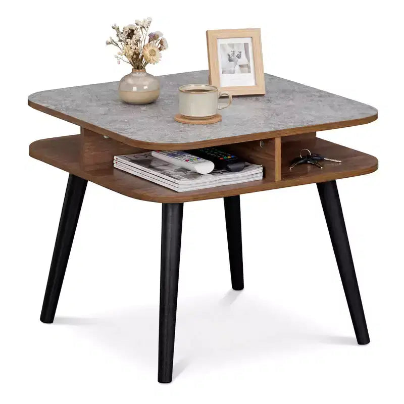 Costway 1/2 PCS Faux Marble End Table with Storage Shelves & Rubber Wood Legs for Living Room Gray, Walnut & Black