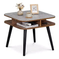Costway 1/2 PCS Faux Marble End Table with Storage Shelves & Rubber Wood Legs for Living Room Gray, Walnut & Black