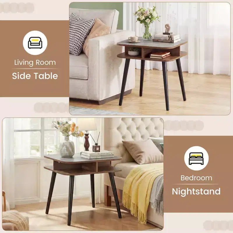 Costway Table d'appoint en Faux Marbre avec Étagères de Rangement et Pieds en Bois d'Hévéa pour Salon, 1 ou 2 Pièces, Gris, Noyer et Noir