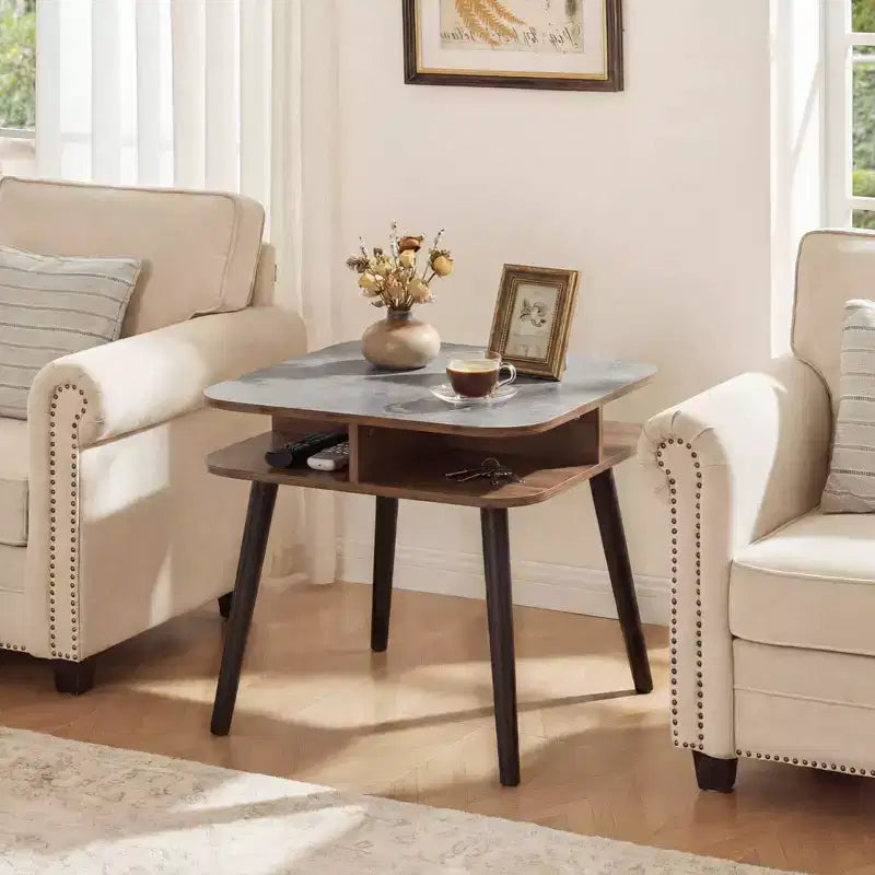 Costway Table d'appoint en Faux Marbre avec Étagères de Rangement et Pieds en Bois d'Hévéa pour Salon, 1 ou 2 Pièces, Gris, Noyer et Noir