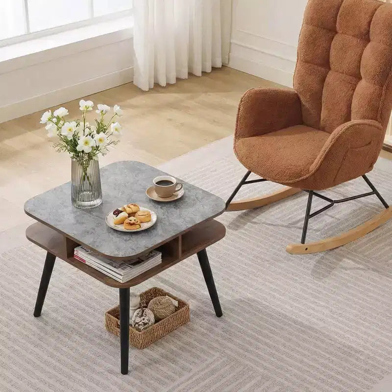 Costway Table d'appoint en Faux Marbre avec Étagères de Rangement et Pieds en Bois d'Hévéa pour Salon, 1 ou 2 Pièces, Gris, Noyer et Noir