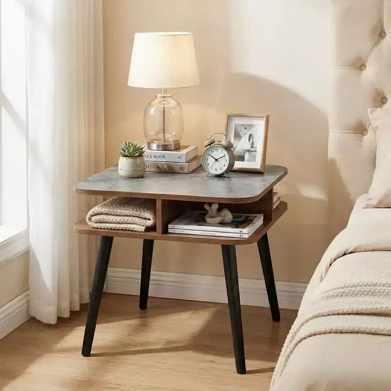 Costway Table d'appoint en Faux Marbre avec Étagères de Rangement et Pieds en Bois d'Hévéa pour Salon, 1 ou 2 Pièces, Gris, Noyer et Noir