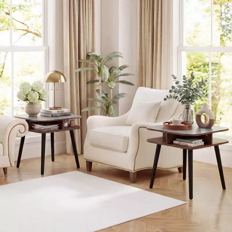 Costway Table d'appoint en Faux Marbre avec Étagères de Rangement et Pieds en Bois d'Hévéa pour Salon, 1 ou 2 Pièces, Gris, Noyer et Noir
