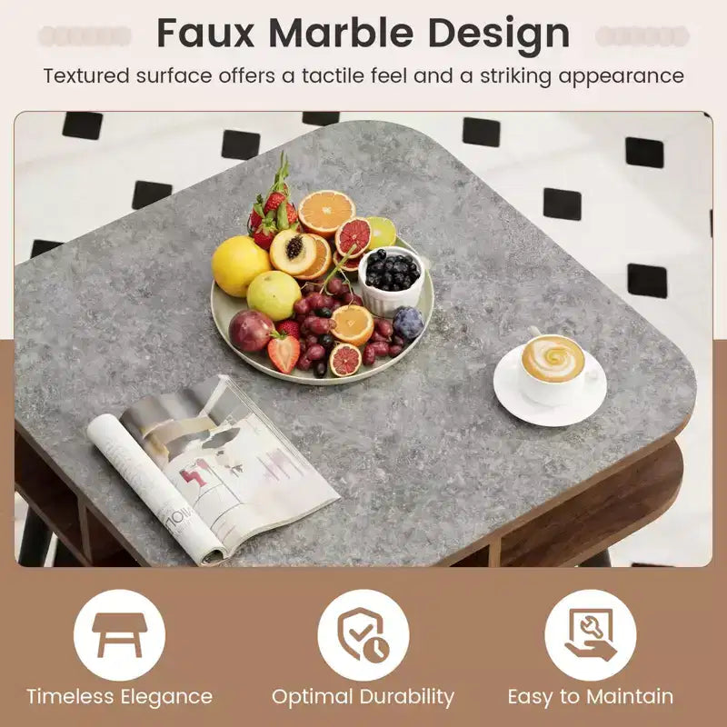 Costway Table d'appoint en Faux Marbre avec Étagères de Rangement et Pieds en Bois d'Hévéa pour Salon, 1 ou 2 Pièces, Gris, Noyer et Noir