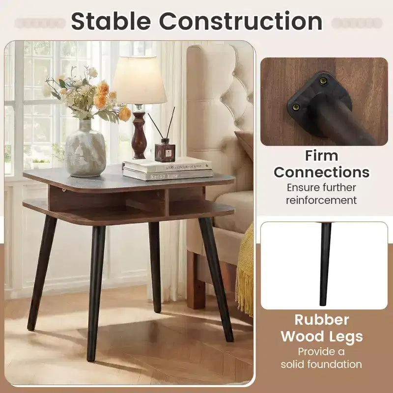 Costway Table d'appoint en Faux Marbre avec Étagères de Rangement et Pieds en Bois d'Hévéa pour Salon, 1 ou 2 Pièces, Gris, Noyer et Noir
