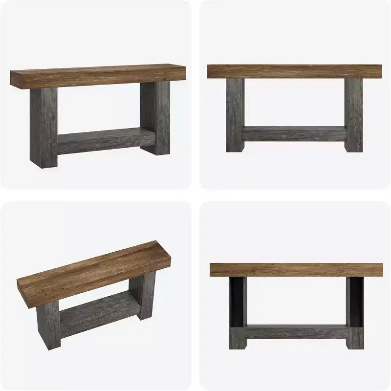 Console de chemin de ferme de 63 po, table de canapé rustique à 2 niveaux brun et gris derrière le canapé avec rangement ouvert pour l'entrée, le salon et le couloir