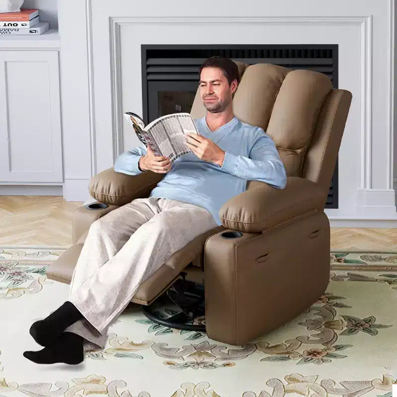 Fauteuil inclinable pivotant à bascule de 56 cm, inclinable paresseux en cuir PU avec éponge 1,5X, porte-gobelet et poches latérales, pivotant à 360° pour salon, chambre à coucher, chambre d'enfant