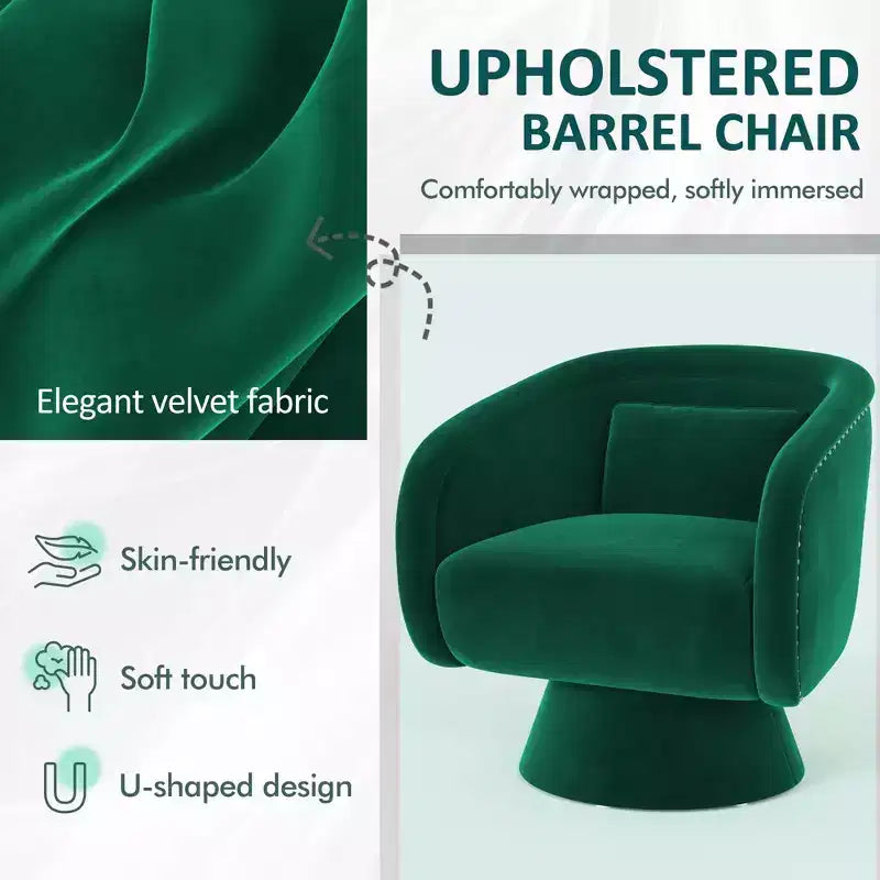 Fauteuil pivotant Mid-Century vert en tissu avec coussin lombaire