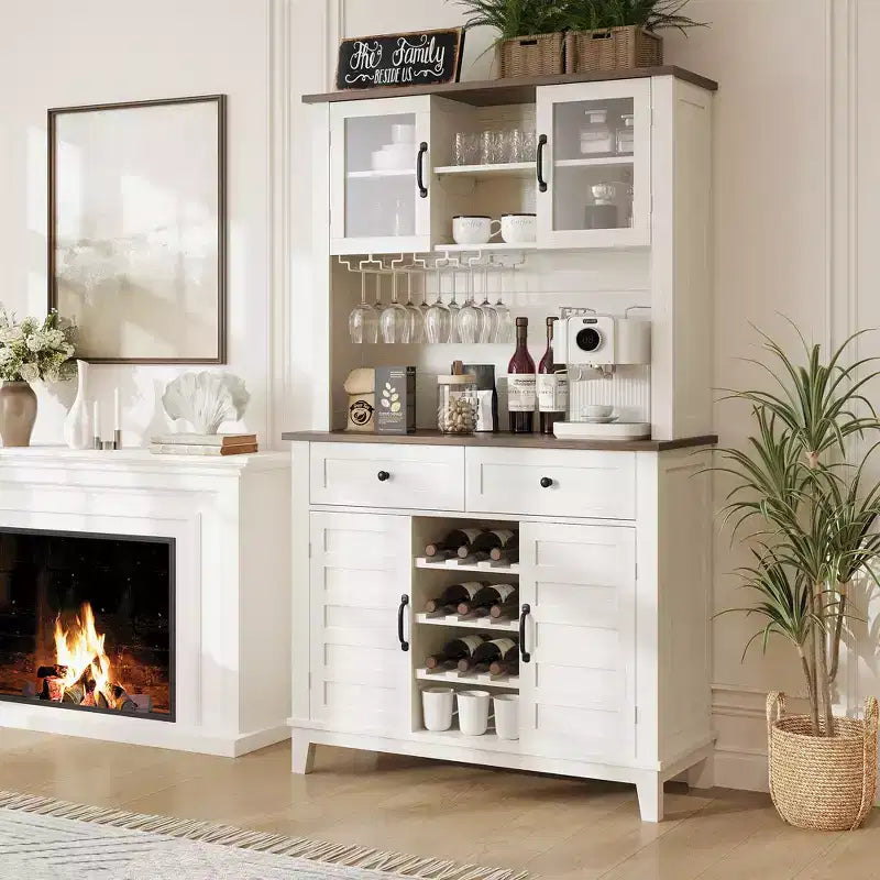 Bahut de Rangement Polyvalent Style Campagne, 2 Portes Vitrées, 2 Tiroirs avec Porte-Verres, Parfait pour la Cuisine, la Salle à Manger et le Salon