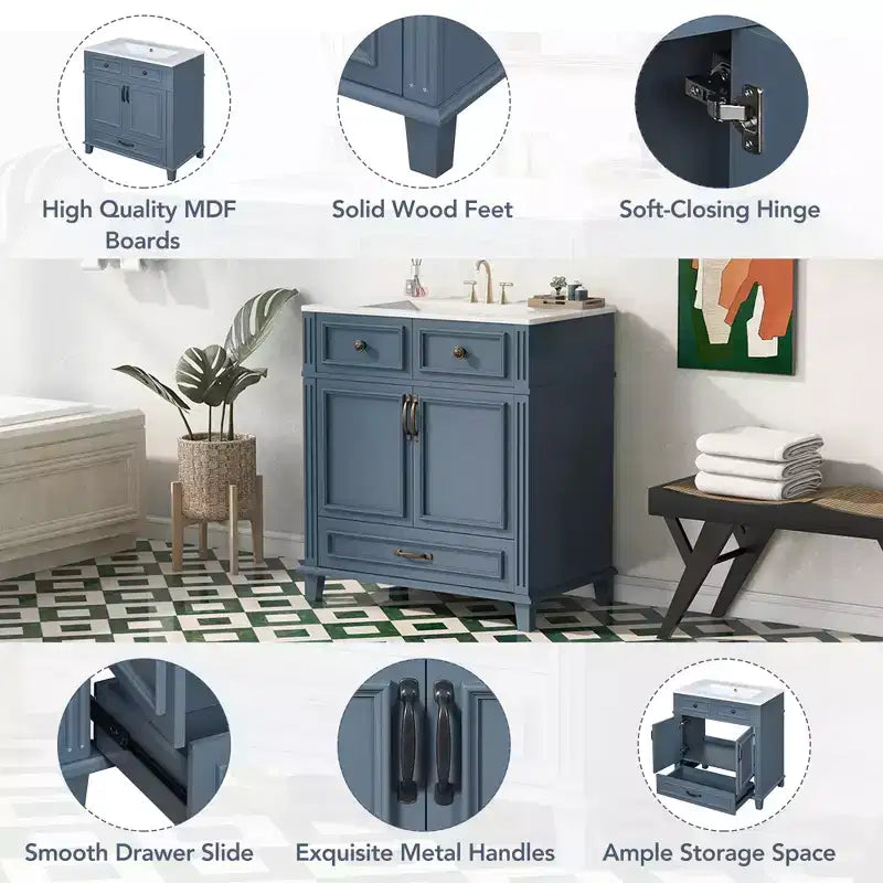 JVNOXK 30 Meuble-lavabo de salle de bain rétro autoportant avec évier en céramique, armoire de rangement en bois massif bleu avec portes à fermeture douce pour salle d'eau