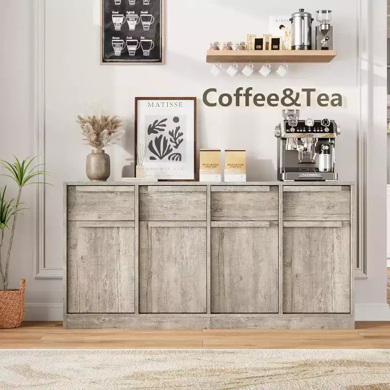 62.4 Armoire de buffet, grande armoire à café avec 4 portes et 4 tiroirs, armoire de rangement moderne avec étagères réglables, station de café en bois