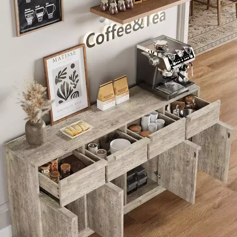 62.4 Armoire de buffet, grande armoire à café avec 4 portes et 4 tiroirs, armoire de rangement moderne avec étagères réglables, station de café en bois