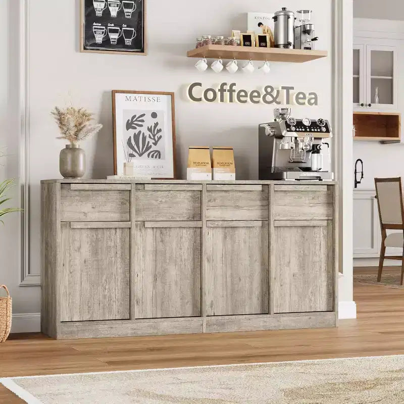 62.4 Armoire de buffet, grande armoire à café avec 4 portes et 4 tiroirs, armoire de rangement moderne avec étagères réglables, station de café en bois