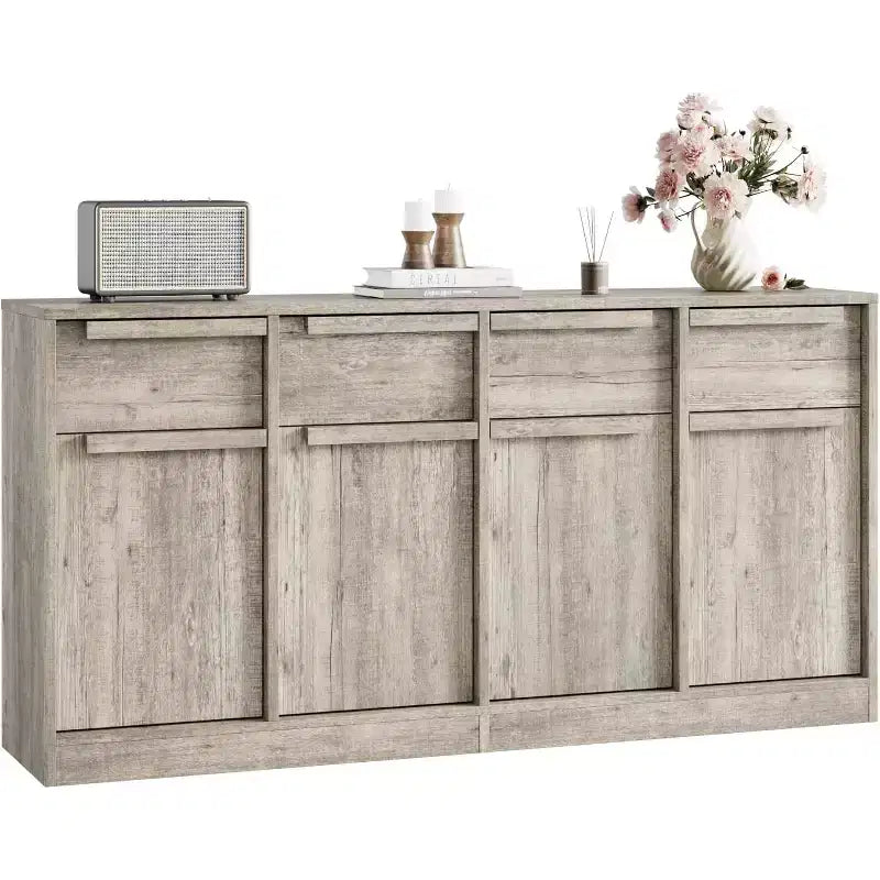 62.4 Armoire de buffet, grande armoire à café avec 4 portes et 4 tiroirs, armoire de rangement moderne avec étagères réglables, station de café en bois