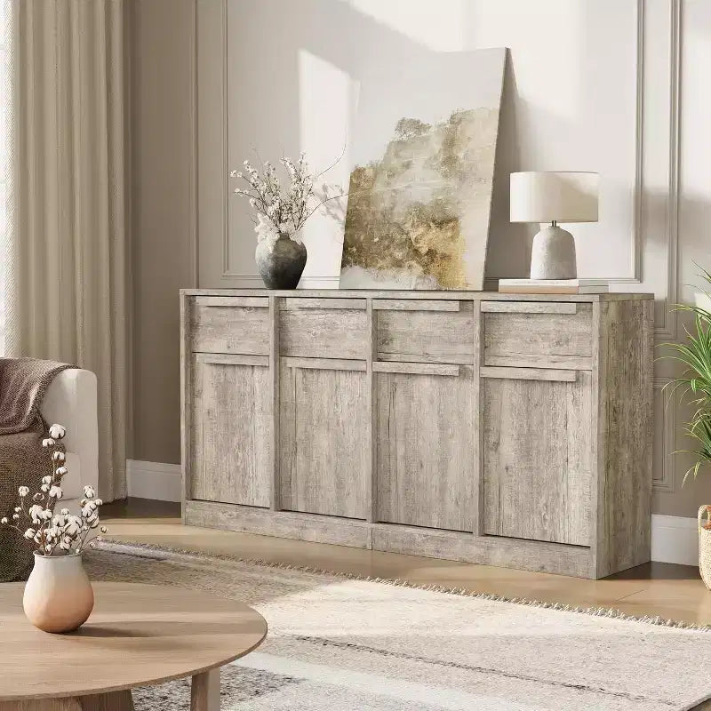 62.4 Armoire de buffet, grande armoire à café avec 4 portes et 4 tiroirs, armoire de rangement moderne avec étagères réglables, station de café en bois
