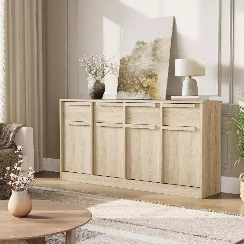62.4 Armoire de buffet, grande armoire à café avec 4 portes et 4 tiroirs, armoire de rangement moderne avec étagères réglables, station de café en bois