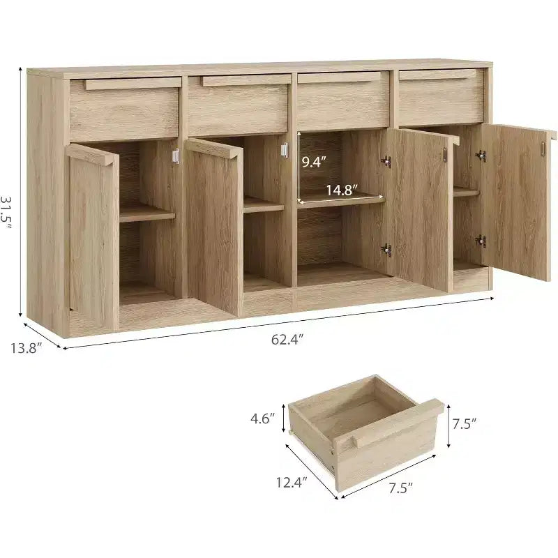 62.4 Armoire de buffet, grande armoire à café avec 4 portes et 4 tiroirs, armoire de rangement moderne avec étagères réglables, station de café en bois