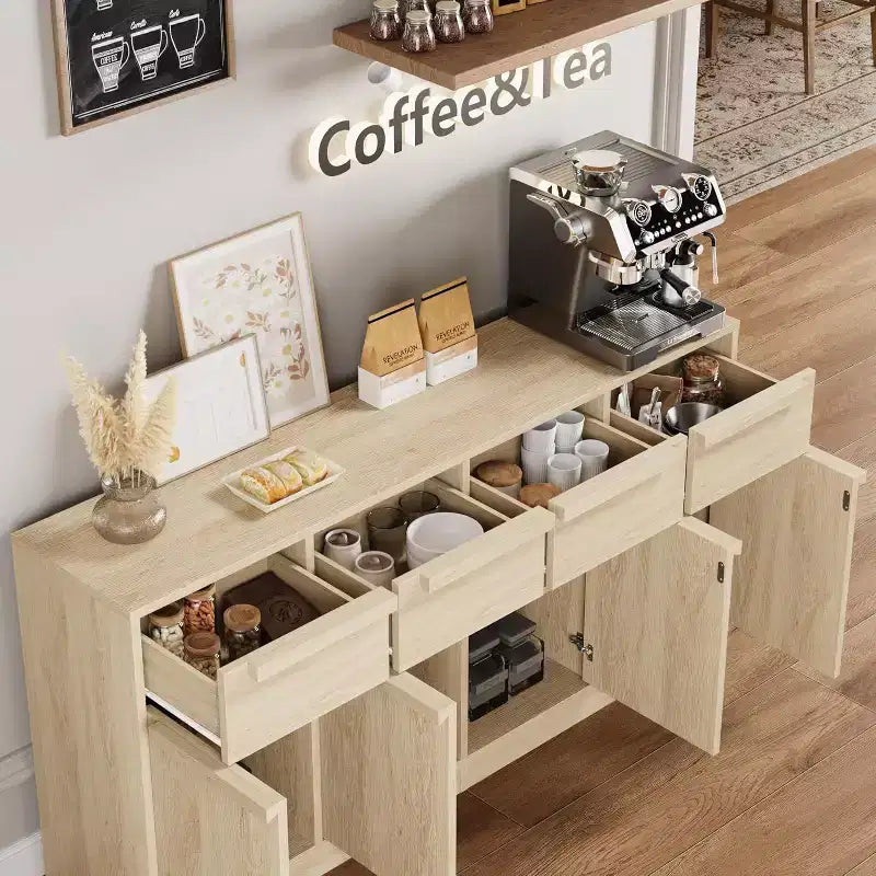 62.4 Armoire de buffet, grande armoire à café avec 4 portes et 4 tiroirs, armoire de rangement moderne avec étagères réglables, station de café en bois