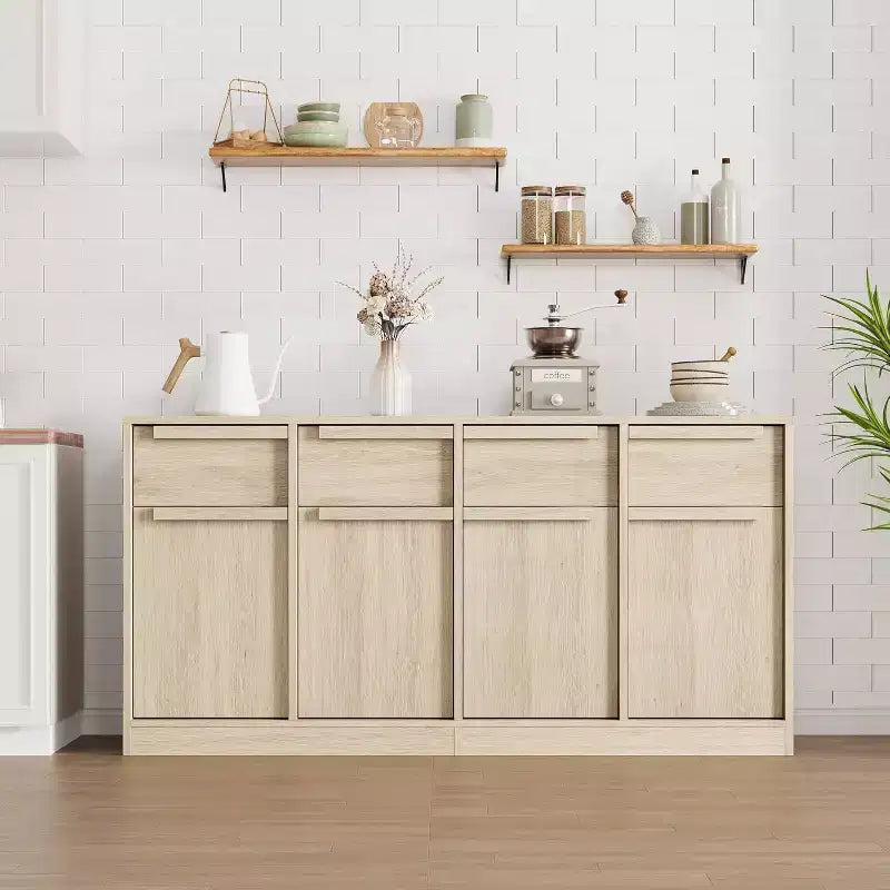 62.4 Armoire de buffet, grande armoire à café avec 4 portes et 4 tiroirs, armoire de rangement moderne avec étagères réglables, station de café en bois