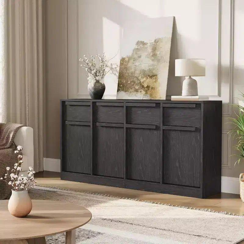62.4 Armoire de buffet, grande armoire à café avec 4 portes et 4 tiroirs, armoire de rangement moderne avec étagères réglables, station de café en bois