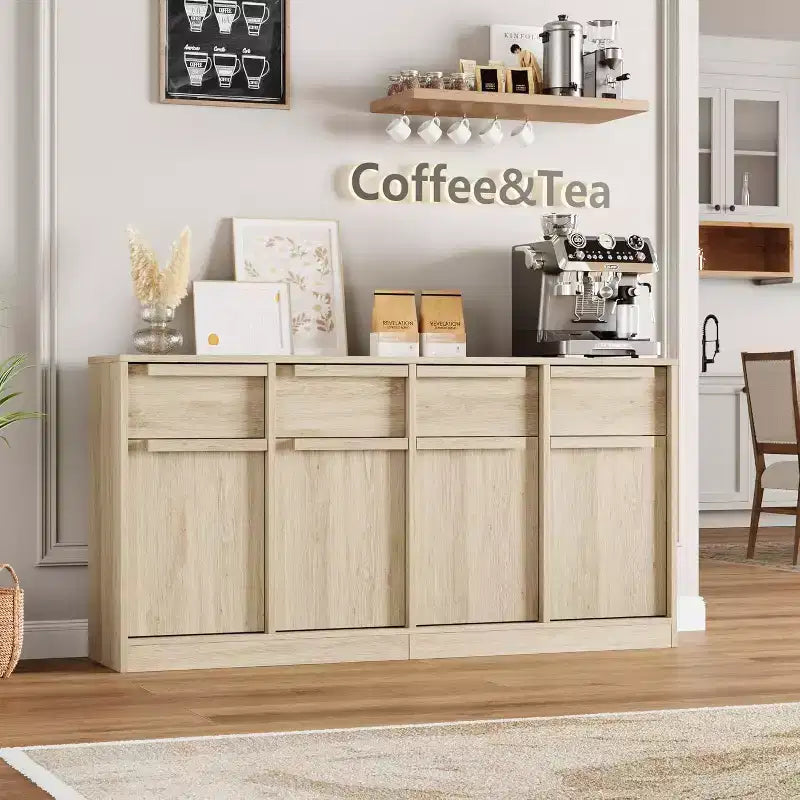 62.4 Armoire de buffet, grande armoire à café avec 4 portes et 4 tiroirs, armoire de rangement moderne avec étagères réglables, station de café en bois