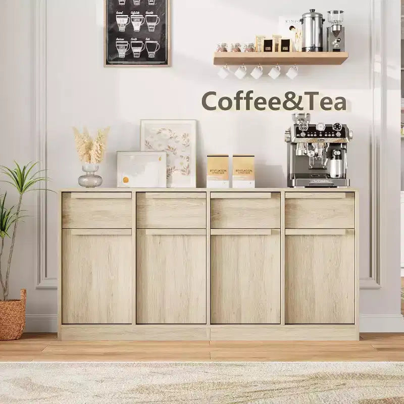 62.4 Armoire de buffet, grande armoire à café avec 4 portes et 4 tiroirs, armoire de rangement moderne avec étagères réglables, station de café en bois