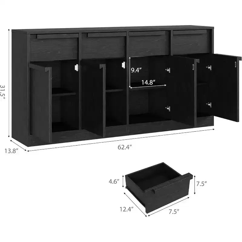 62.4 Armoire de buffet, grande armoire à café avec 4 portes et 4 tiroirs, armoire de rangement moderne avec étagères réglables, station de café en bois