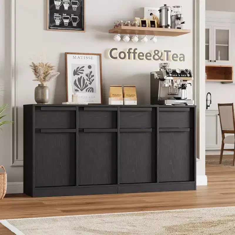 62.4 Armoire de buffet, grande armoire à café avec 4 portes et 4 tiroirs, armoire de rangement moderne avec étagères réglables, station de café en bois