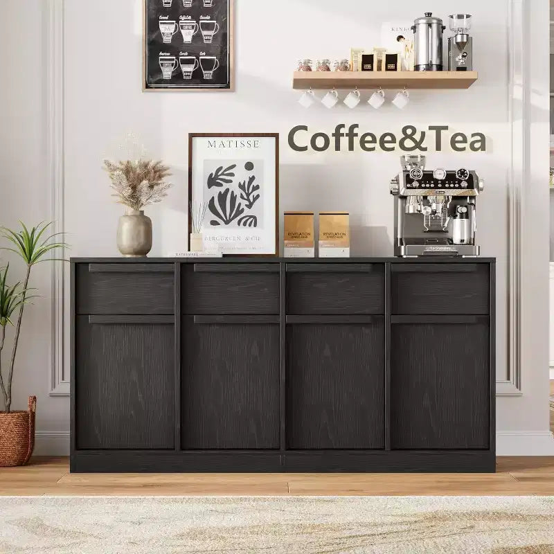 62.4 Armoire de buffet, grande armoire à café avec 4 portes et 4 tiroirs, armoire de rangement moderne avec étagères réglables, station de café en bois