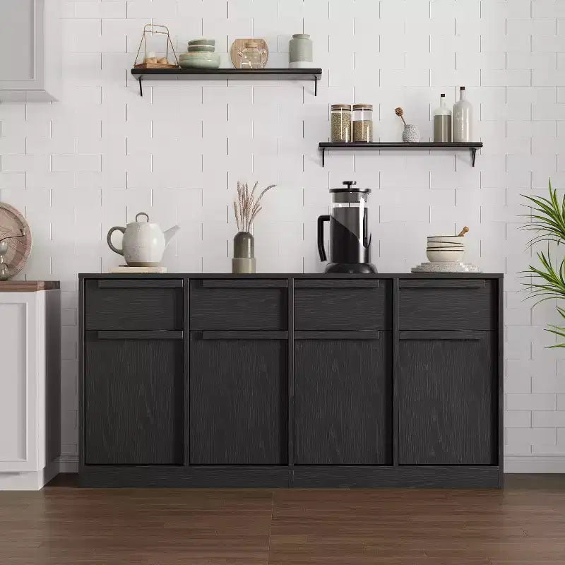 62.4 Armoire de buffet, grande armoire à café avec 4 portes et 4 tiroirs, armoire de rangement moderne avec étagères réglables, station de café en bois