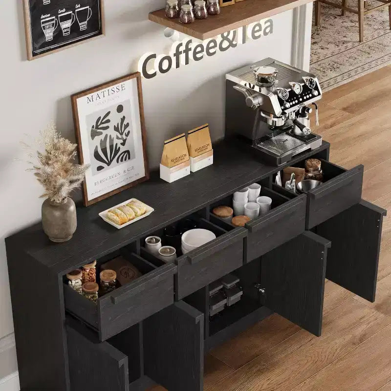 62.4 Armoire de buffet, grande armoire à café avec 4 portes et 4 tiroirs, armoire de rangement moderne avec étagères réglables, station de café en bois