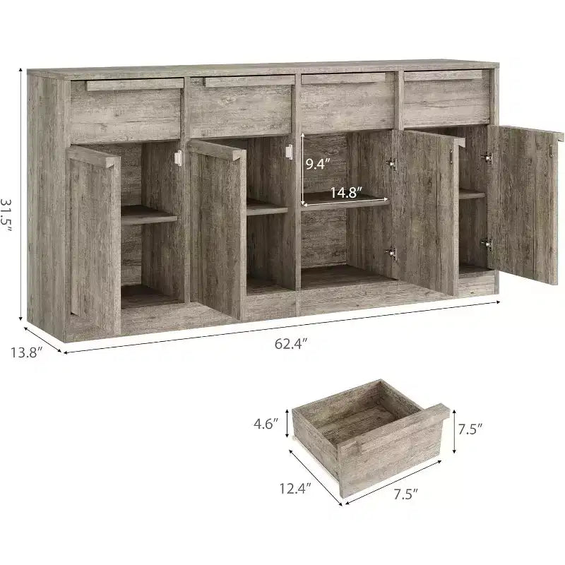 62.4 Armoire de buffet, grande armoire à café avec 4 portes et 4 tiroirs, armoire de rangement moderne avec étagères réglables, station de café en bois