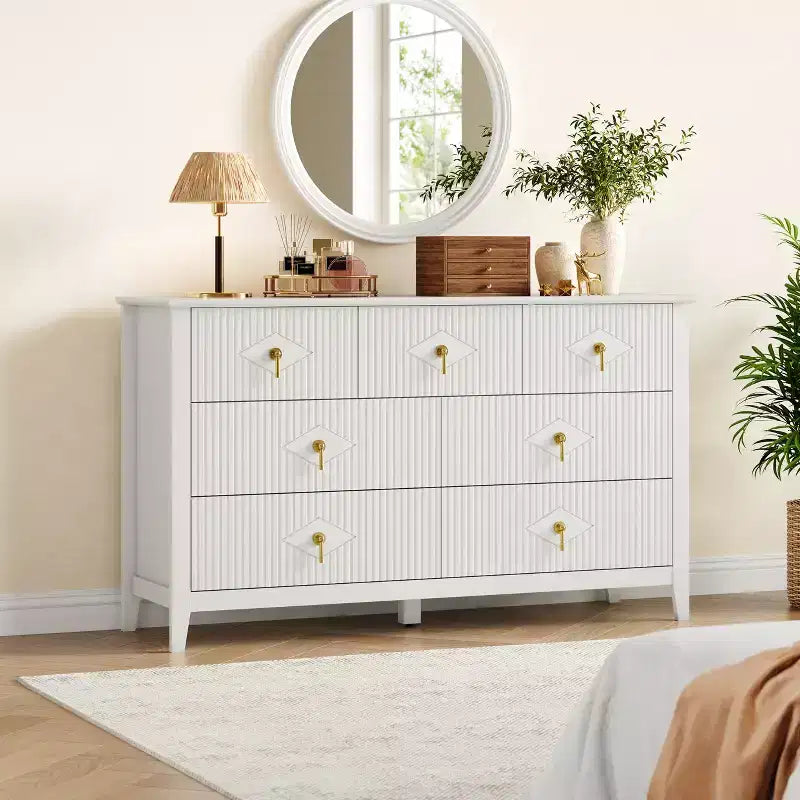 54 Wide Modern Fluted Chest of Drawers, 7 Drawers Wooden Dresser with Metal Handle, Storage Organizer for Bedroom, Living Room & Hallway