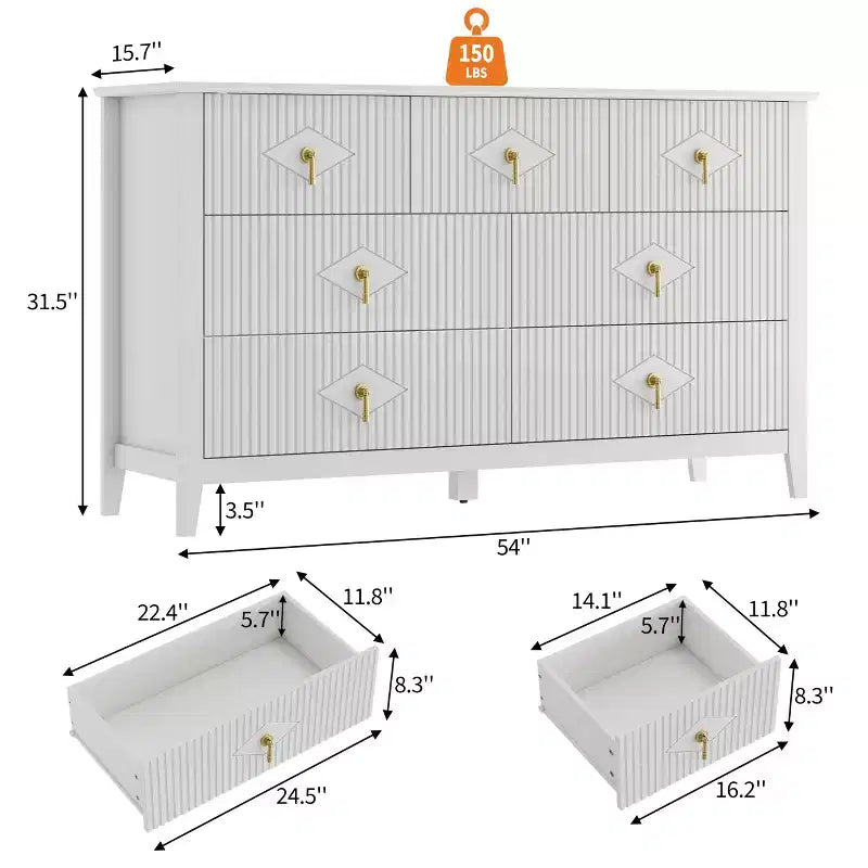 Commode flûtée moderne de 54 po de large, 7 tiroirs, en bois avec poignée en métal, organisateur de rangement pour chambre, salon et couloir