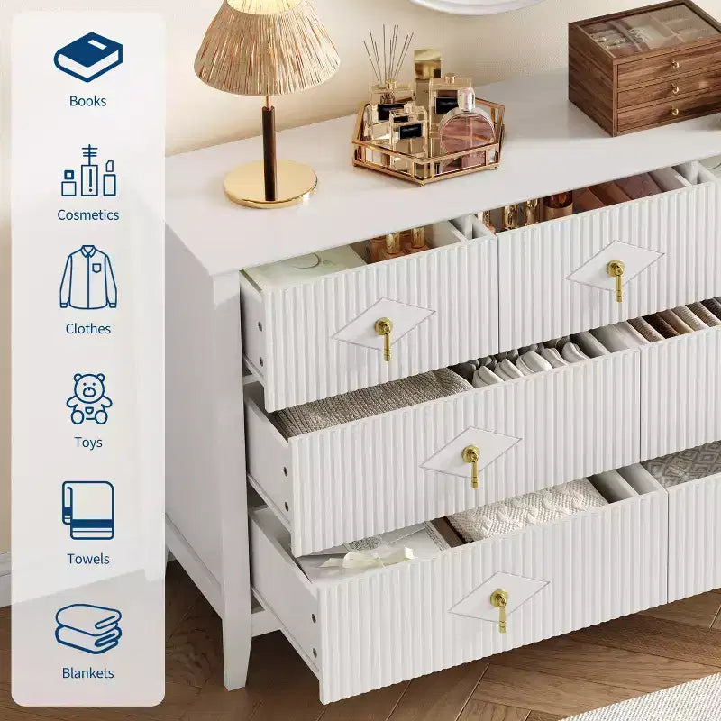 Commode flûtée moderne de 54 po de large, 7 tiroirs, en bois avec poignée en métal, organisateur de rangement pour chambre, salon et couloir