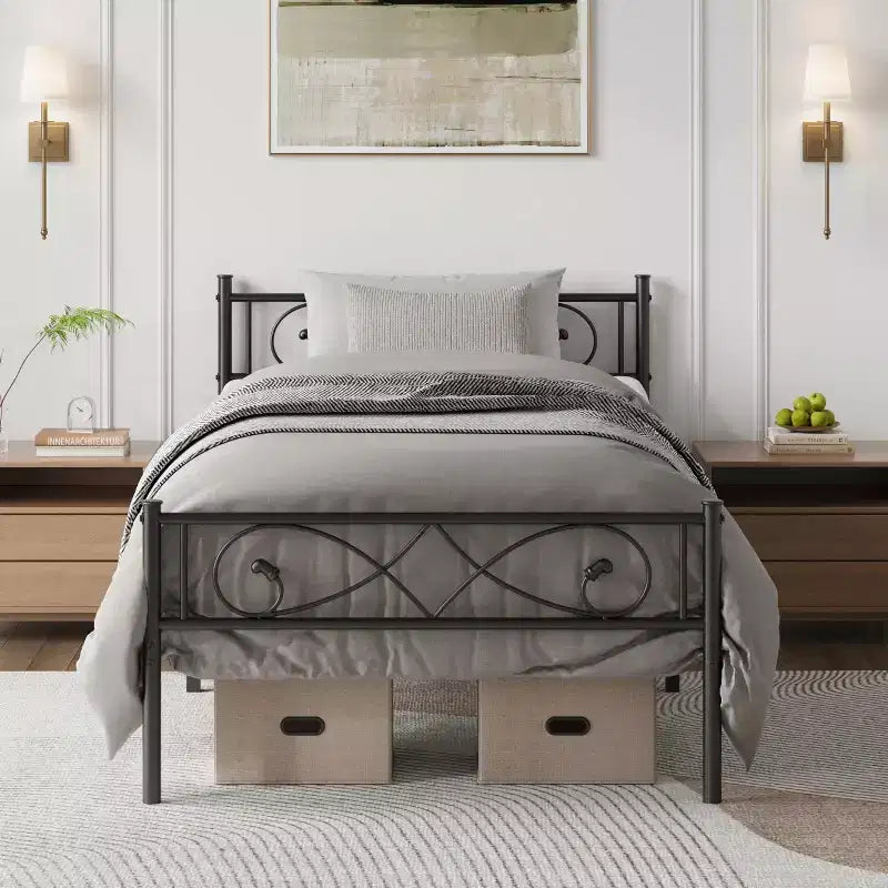 Cadre de lit plateforme en métal de taille double avec tête et pied de lit au design de poing, rangement sous le lit, silencieux, montage facile, pas besoin de sommier tapissier, noir