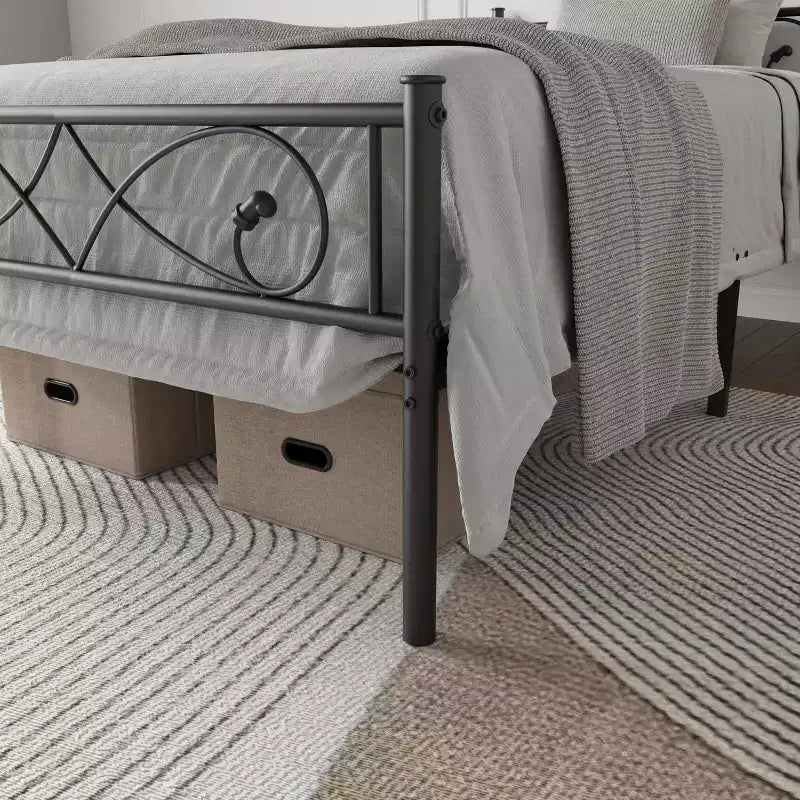 Cadre de lit plateforme en métal de taille double avec tête et pied de lit au design de poing, rangement sous le lit, silencieux, montage facile, pas besoin de sommier tapissier, noir