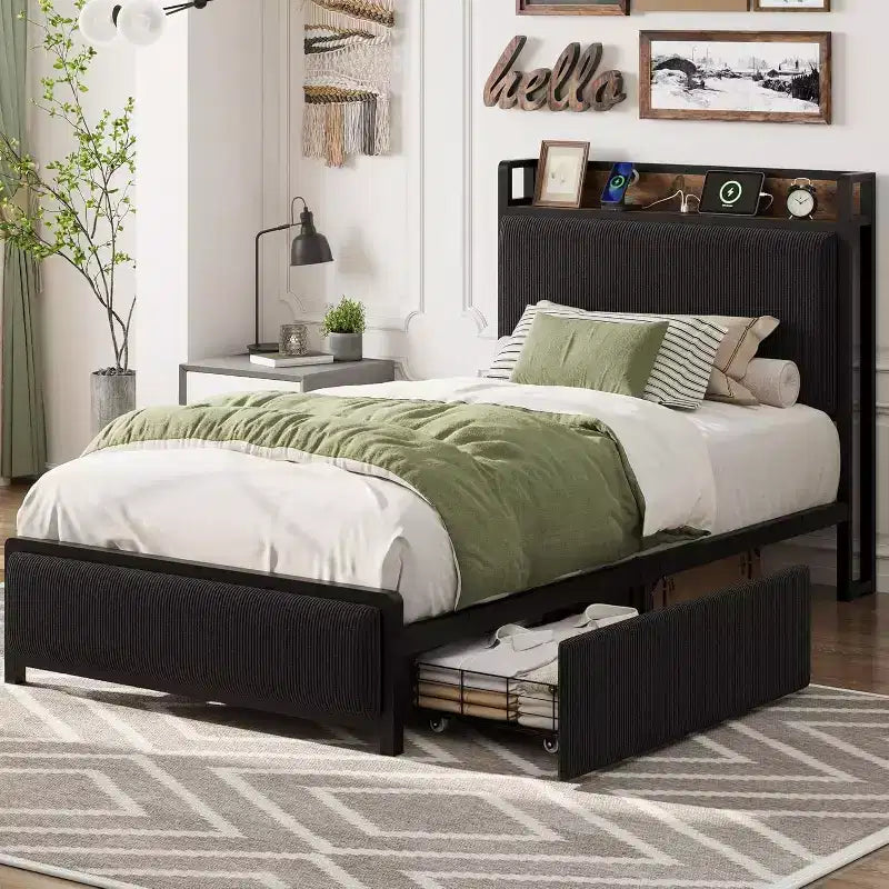 Cadre de lit Twin XL avec tête de lit de rangement, rembourré en velours côtelé, 2 tiroirs de rangement et station de recharge, pas besoin de sommier tapissier, silencieux
