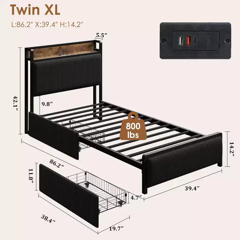 Twin XL Size Bed Frame with Storage Headboard, Corduroy Upholstered, 2 Storage Drawers & Charging Station, No Box Spring Needed, Noise-Free