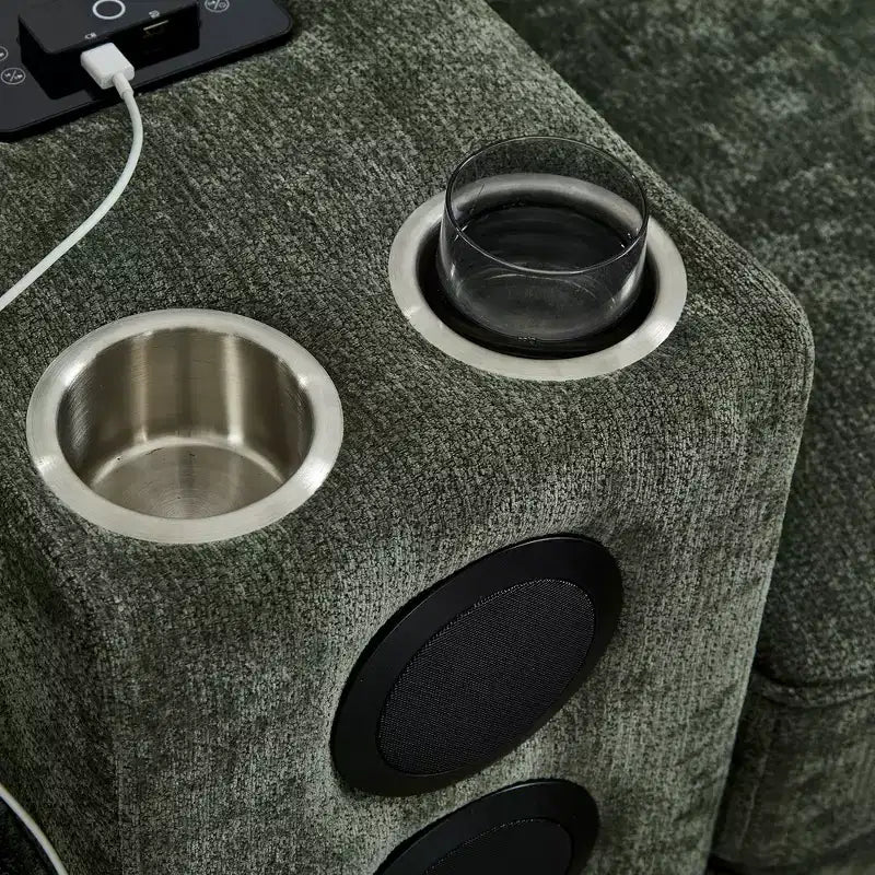 Canapé d'angle Whisen 126 avec console centrale, porte-gobelets, forme en U, haut-parleurs Bluetooth intégrés et 2 poufs de rangement pour le salon