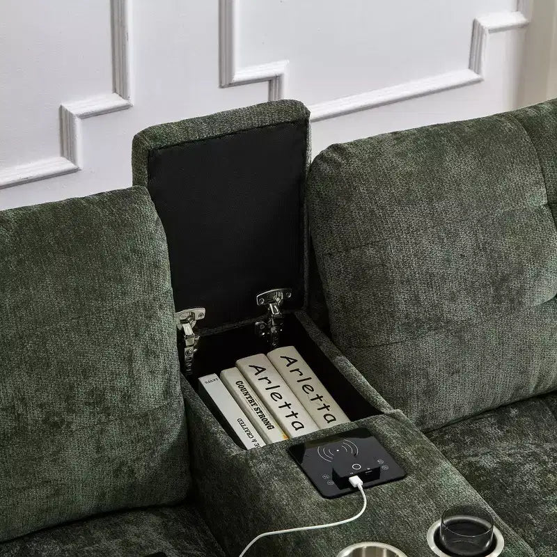 Canapé d'angle Whisen 126 avec console centrale, porte-gobelets, forme en U, haut-parleurs Bluetooth intégrés et 2 poufs de rangement pour le salon