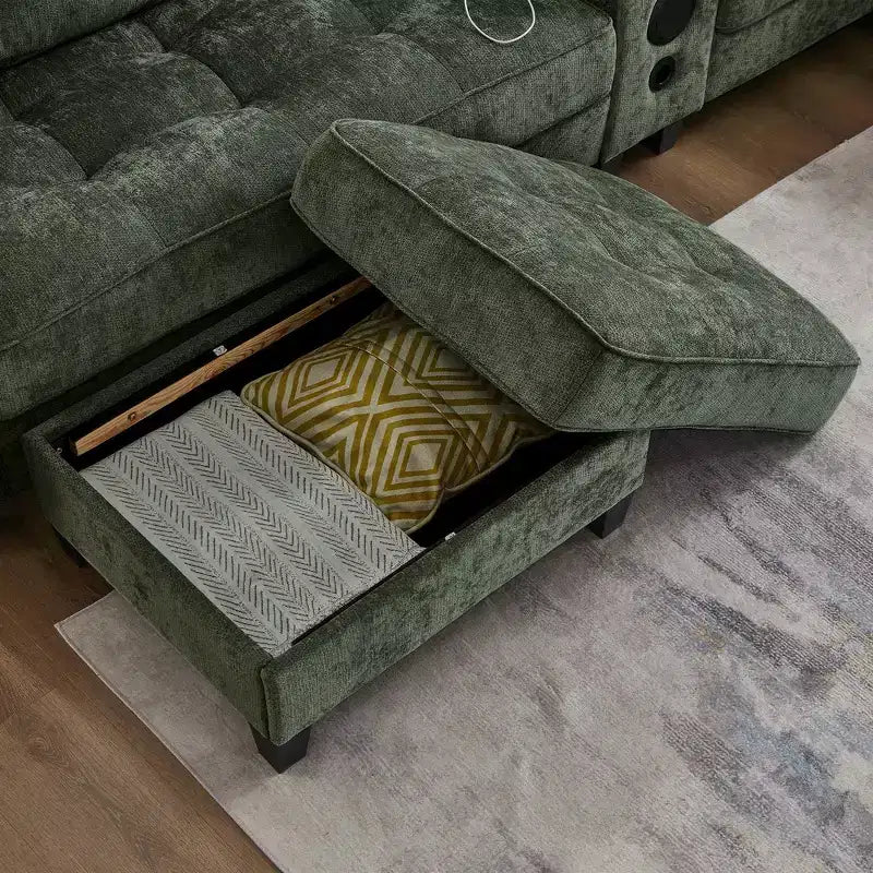 Canapé d'angle Whisen 126 avec console centrale, porte-gobelets, forme en U, haut-parleurs Bluetooth intégrés et 2 poufs de rangement pour le salon