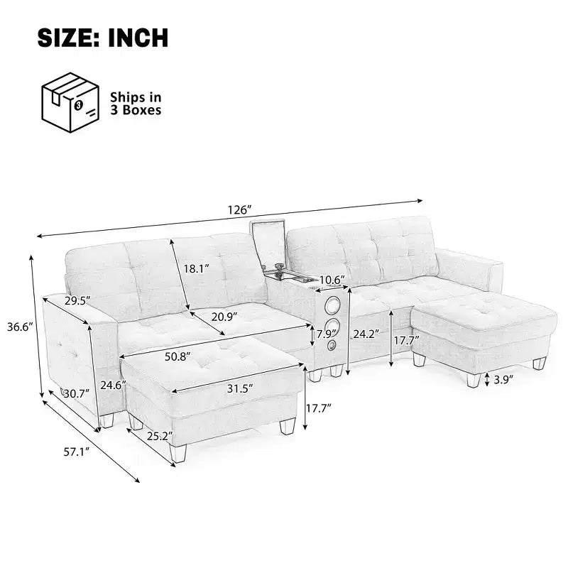 Canapé d'angle Whisen 126 avec console centrale, porte-gobelets, forme en U, haut-parleurs Bluetooth intégrés et 2 poufs de rangement pour le salon