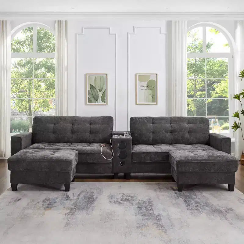 Canapé d'angle Whisen 126 avec console centrale, porte-gobelets, forme en U, haut-parleurs Bluetooth intégrés et 2 poufs de rangement pour le salon