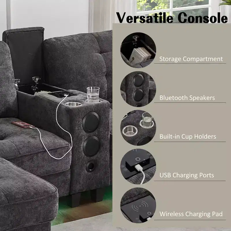 Canapé d'angle Whisen 126 avec console centrale, porte-gobelets, forme en U, haut-parleurs Bluetooth intégrés et 2 poufs de rangement pour le salon