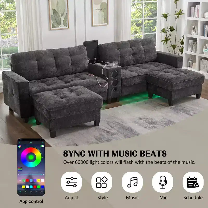 Canapé d'angle Whisen 126 avec console centrale, porte-gobelets, forme en U, haut-parleurs Bluetooth intégrés et 2 poufs de rangement pour le salon