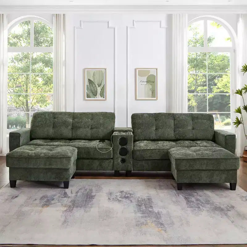 Canapé d'angle Whisen 126 avec console centrale, porte-gobelets, forme en U, haut-parleurs Bluetooth intégrés et 2 poufs de rangement pour le salon