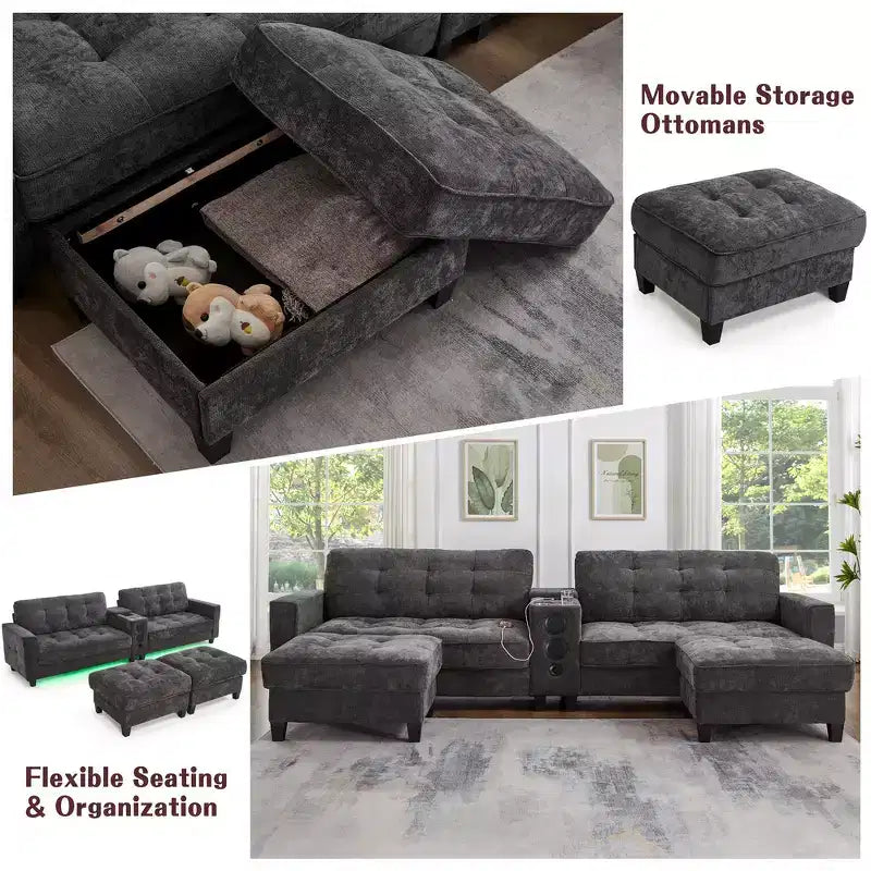 Canapé d'angle Whisen 126 avec console centrale, porte-gobelets, forme en U, haut-parleurs Bluetooth intégrés et 2 poufs de rangement pour le salon