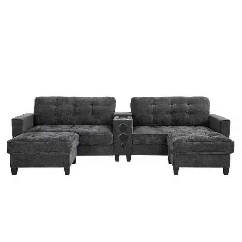 Canapé d'angle Whisen 126 avec console centrale, porte-gobelets, forme en U, haut-parleurs Bluetooth intégrés et 2 poufs de rangement pour le salon