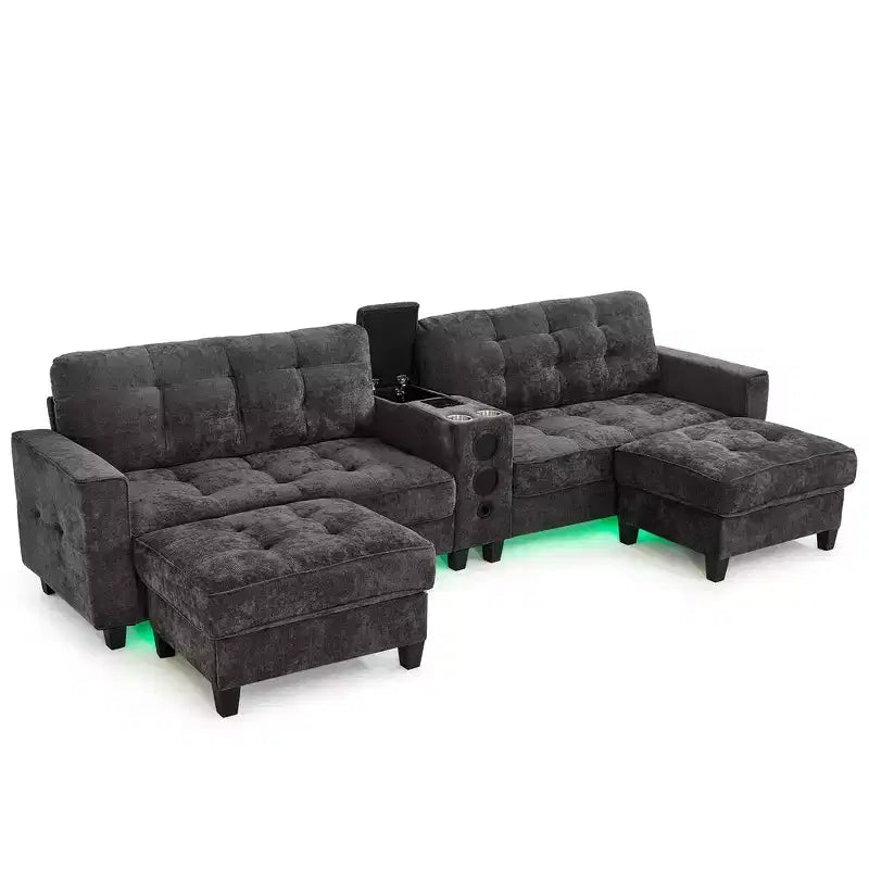 Canapé d'angle Whisen 126 avec console centrale, porte-gobelets, forme en U, haut-parleurs Bluetooth intégrés et 2 poufs de rangement pour le salon